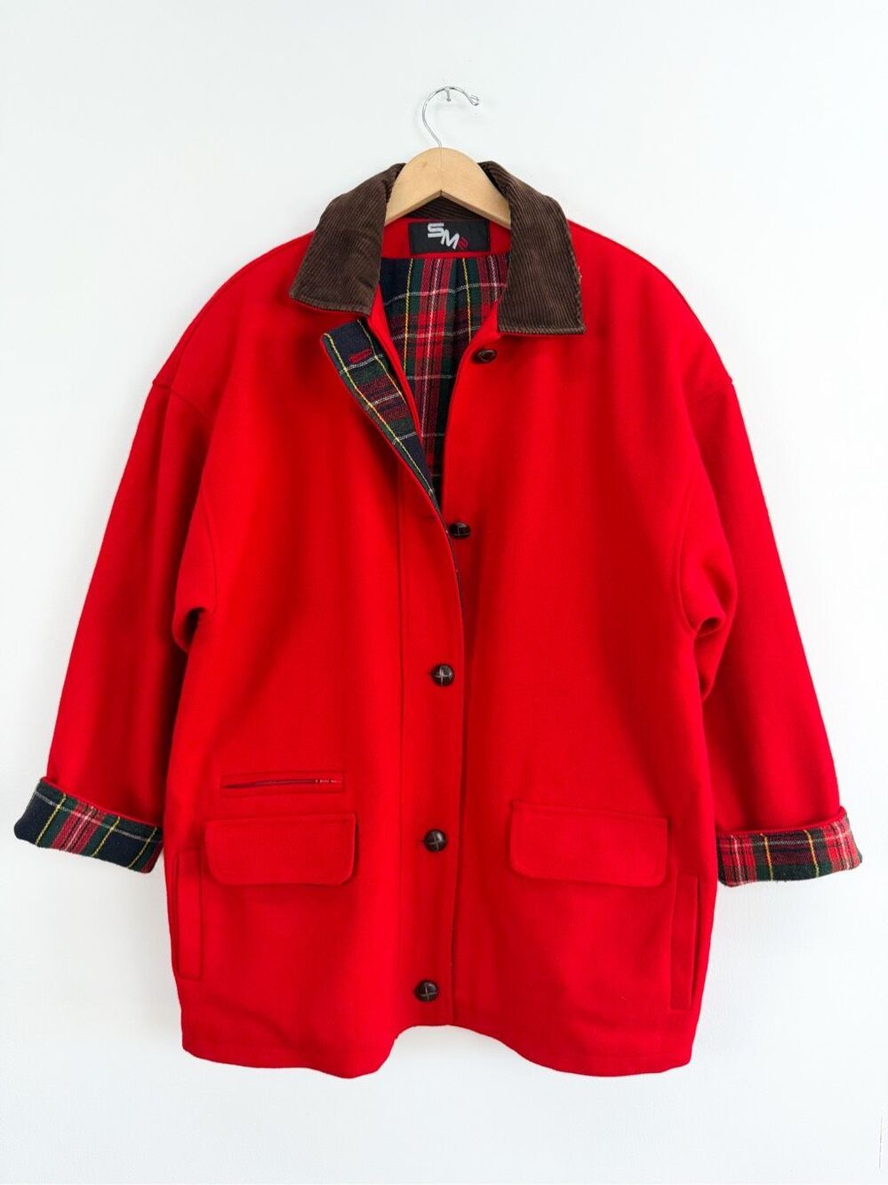 SM2 Vintage Women’s Red Wool Corduroy Collar Tartan Plaid Trim Oversized Barn Ch